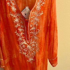 Blue Island Orange Embellished Long Sleeve Beach Coverup Tunic W/tags  Sz L